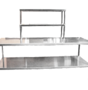 jual meja stainless double bench overshelf