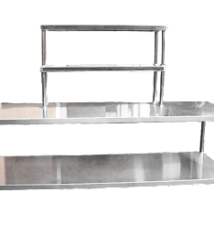 jual meja stainless double bench overshelf