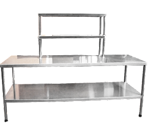 jual meja stainless double bench overshelf